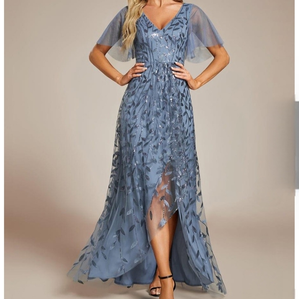 Short Sleeves Sequin Leaf High Low V-Neck Midi Formal Wedding Guest Dress